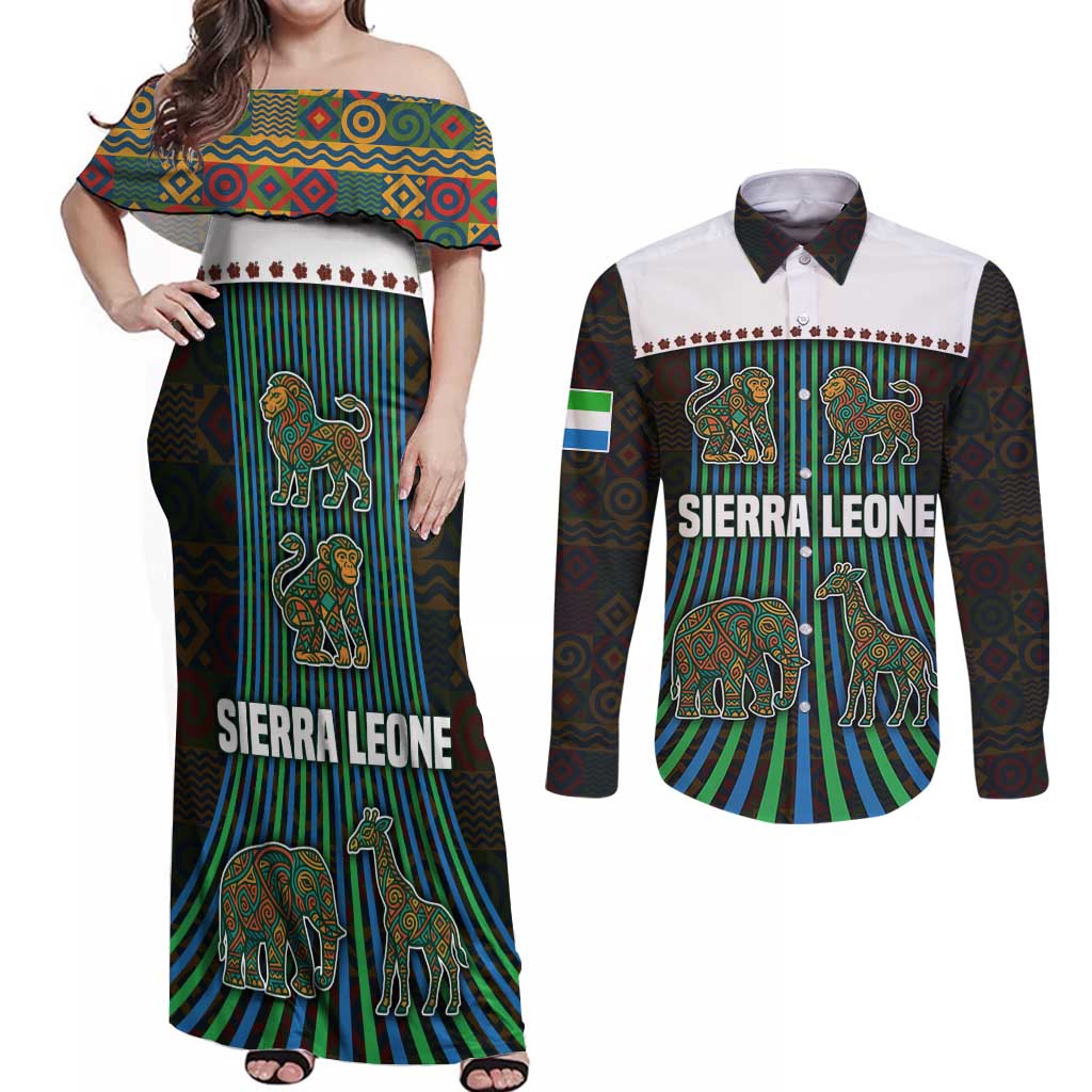 Sierra Leone Couples Matching Off Shoulder Maxi Dress and Long Sleeve Button Shirt with Tribal Animal Pattern Featuring Lion Elephant Giraffe and Monkey