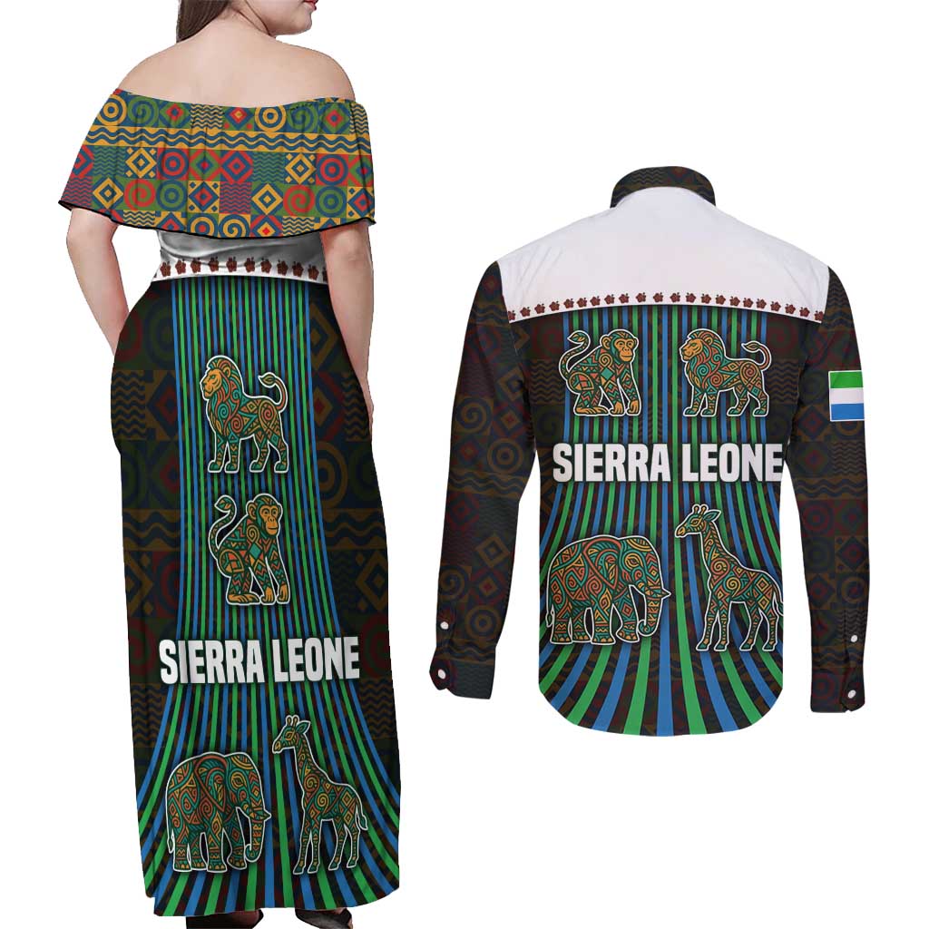 Sierra Leone Couples Matching Off Shoulder Maxi Dress and Long Sleeve Button Shirt with Tribal Animal Pattern Featuring Lion Elephant Giraffe and Monkey