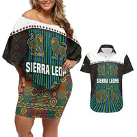 Sierra Leone Couples Matching Off Shoulder Short Dress and Hawaiian Shirt with Tribal Animal Pattern Featuring Lion Elephant Giraffe and Monkey