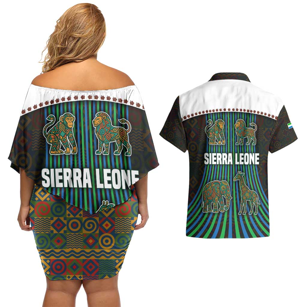 Sierra Leone Couples Matching Off Shoulder Short Dress and Hawaiian Shirt with Tribal Animal Pattern Featuring Lion Elephant Giraffe and Monkey