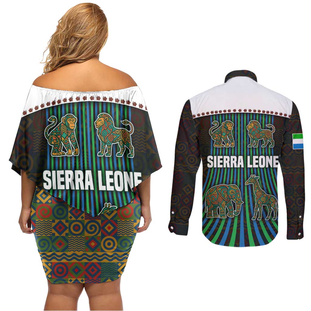 Sierra Leone Couples Matching Off Shoulder Short Dress and Long Sleeve Button Shirt with Tribal Animal Pattern Featuring Lion Elephant Giraffe and Monkey
