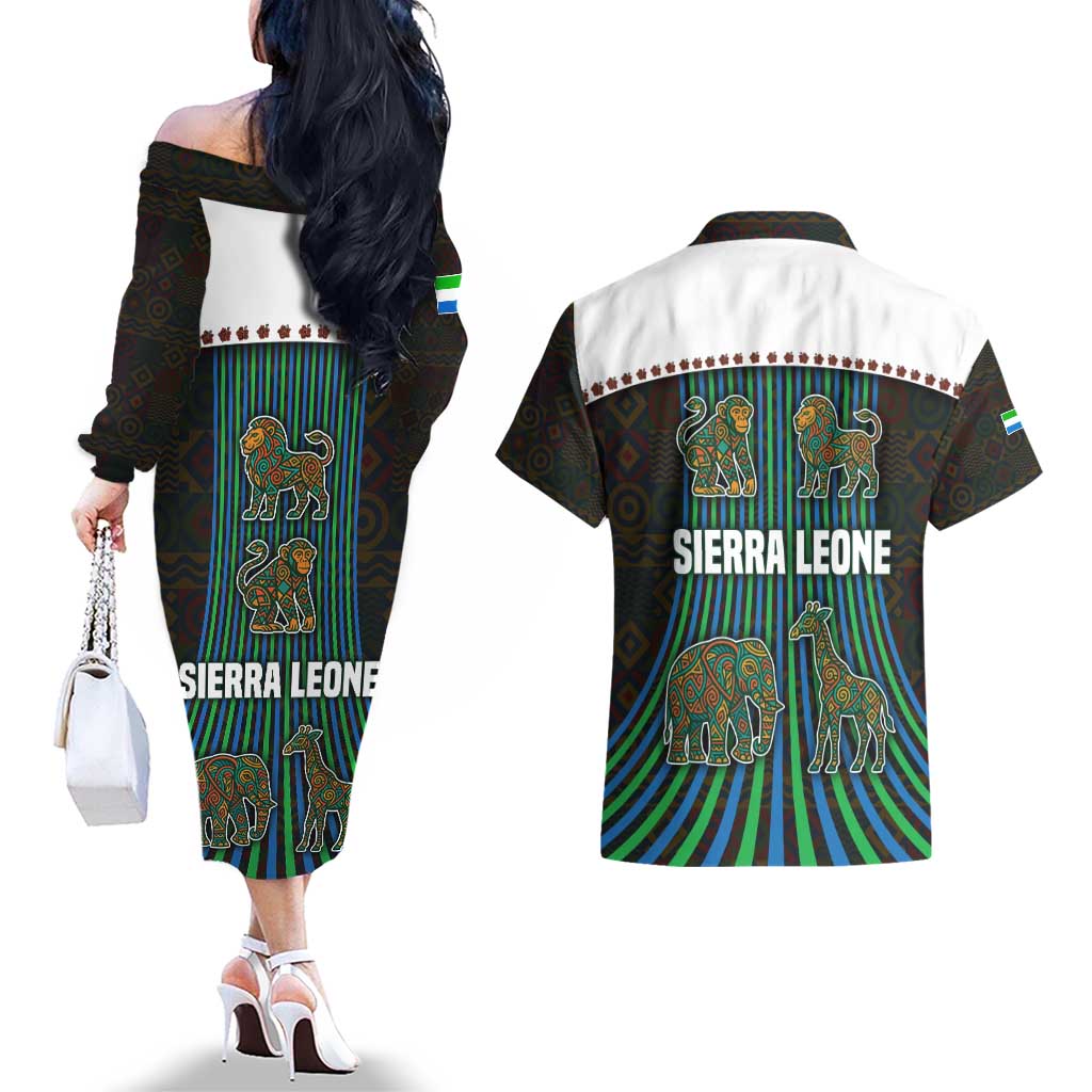 Sierra Leone Couples Matching Off The Shoulder Long Sleeve Dress and Hawaiian Shirt with Tribal Animal Pattern Featuring Lion Elephant Giraffe and Monkey