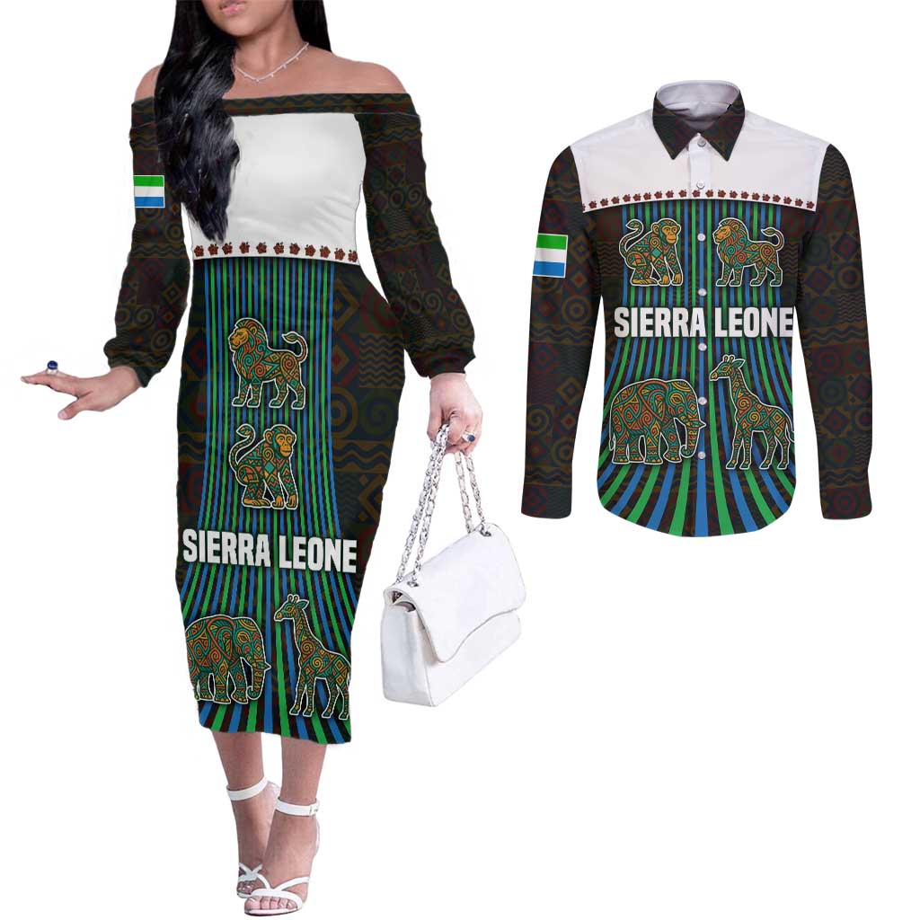 Sierra Leone Couples Matching Off The Shoulder Long Sleeve Dress and Long Sleeve Button Shirt with Tribal Animal Pattern Featuring Lion Elephant Giraffe and Monkey
