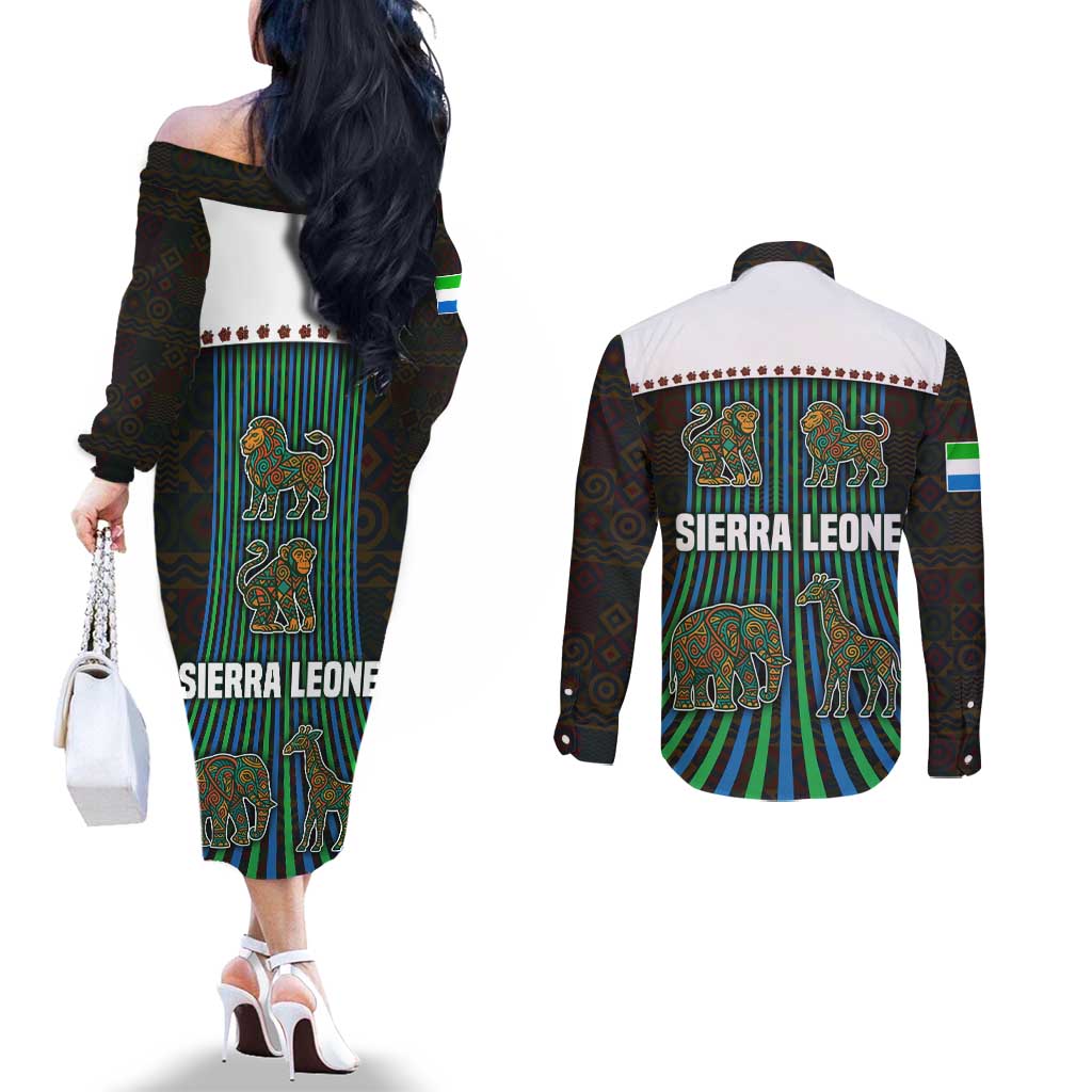 Sierra Leone Couples Matching Off The Shoulder Long Sleeve Dress and Long Sleeve Button Shirt with Tribal Animal Pattern Featuring Lion Elephant Giraffe and Monkey