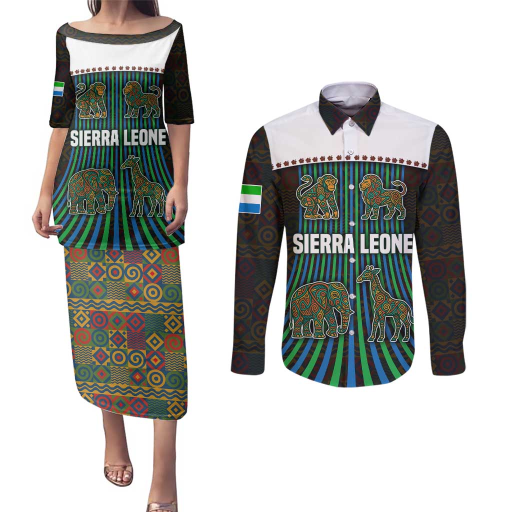 Sierra Leone Couples Matching Puletasi and Long Sleeve Button Shirt with Tribal Animal Pattern Featuring Lion Elephant Giraffe and Monkey