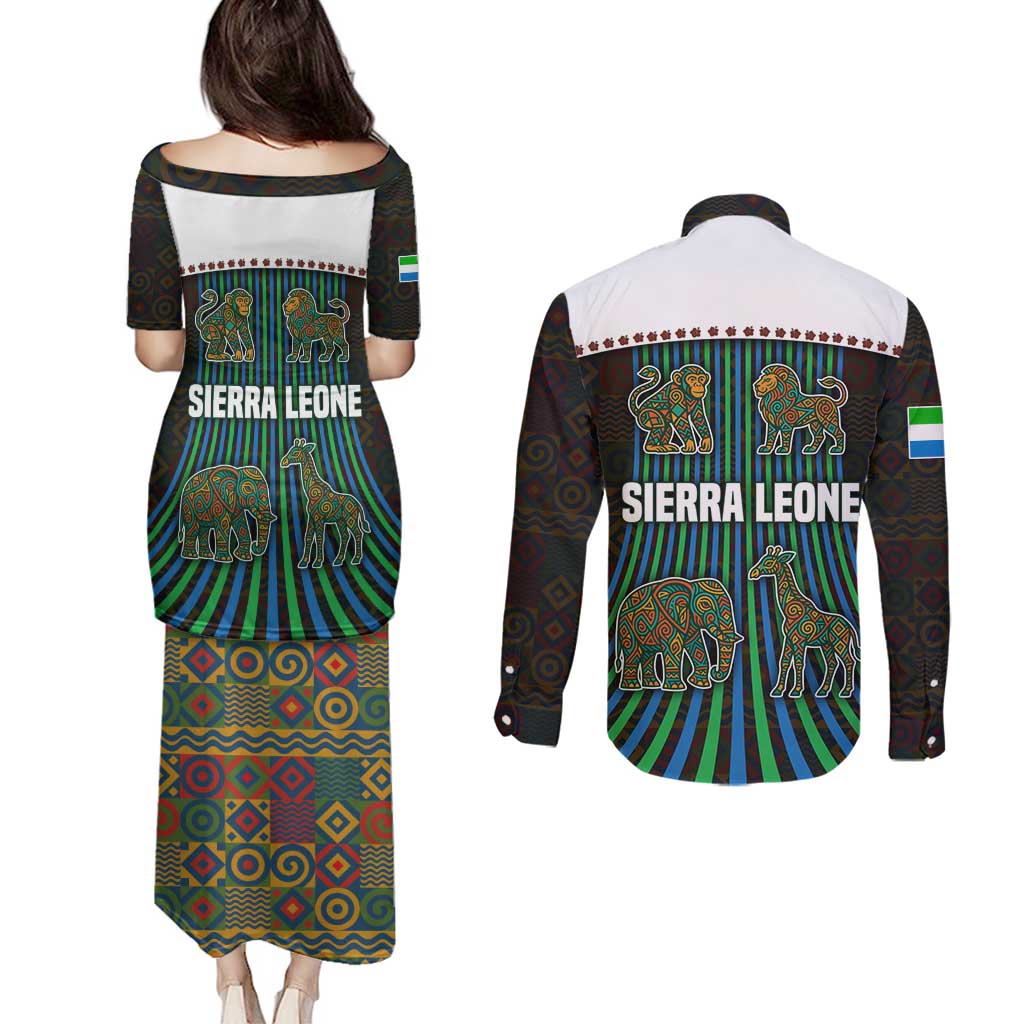 Sierra Leone Couples Matching Puletasi and Long Sleeve Button Shirt with Tribal Animal Pattern Featuring Lion Elephant Giraffe and Monkey