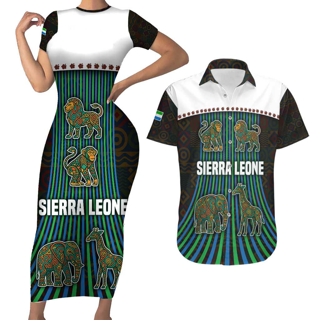 Sierra Leone Couples Matching Short Sleeve Bodycon Dress and Hawaiian Shirt with Tribal Animal Pattern Featuring Lion Elephant Giraffe and Monkey