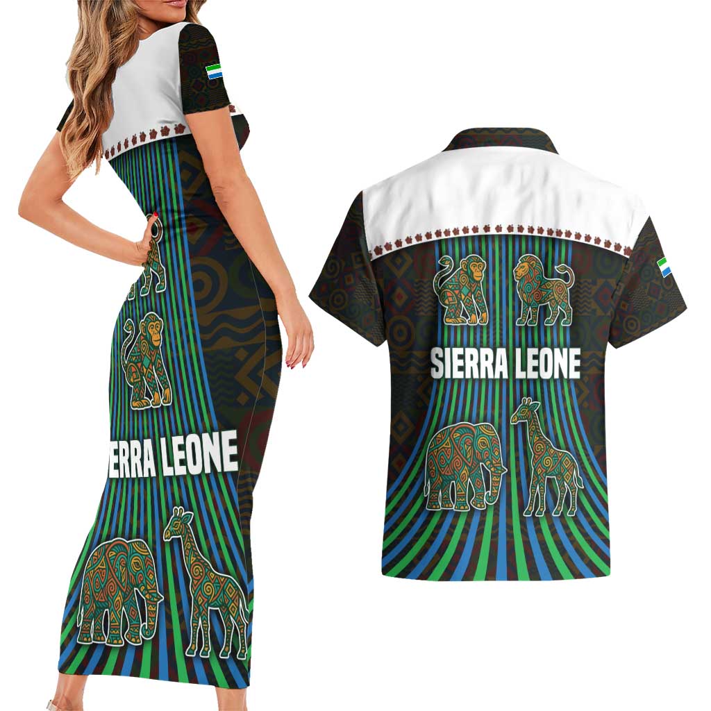 Sierra Leone Couples Matching Short Sleeve Bodycon Dress and Hawaiian Shirt with Tribal Animal Pattern Featuring Lion Elephant Giraffe and Monkey