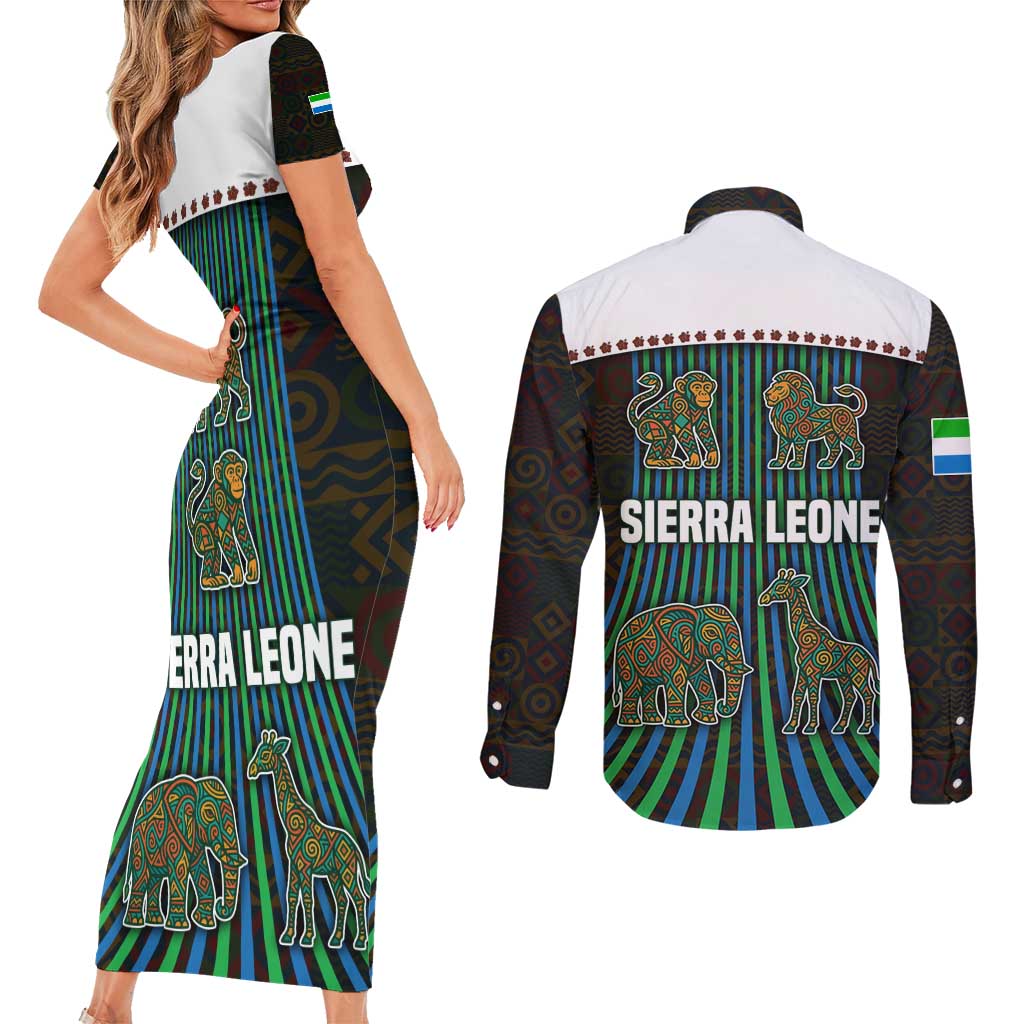 Sierra Leone Couples Matching Short Sleeve Bodycon Dress and Long Sleeve Button Shirt with Tribal Animal Pattern Featuring Lion Elephant Giraffe and Monkey