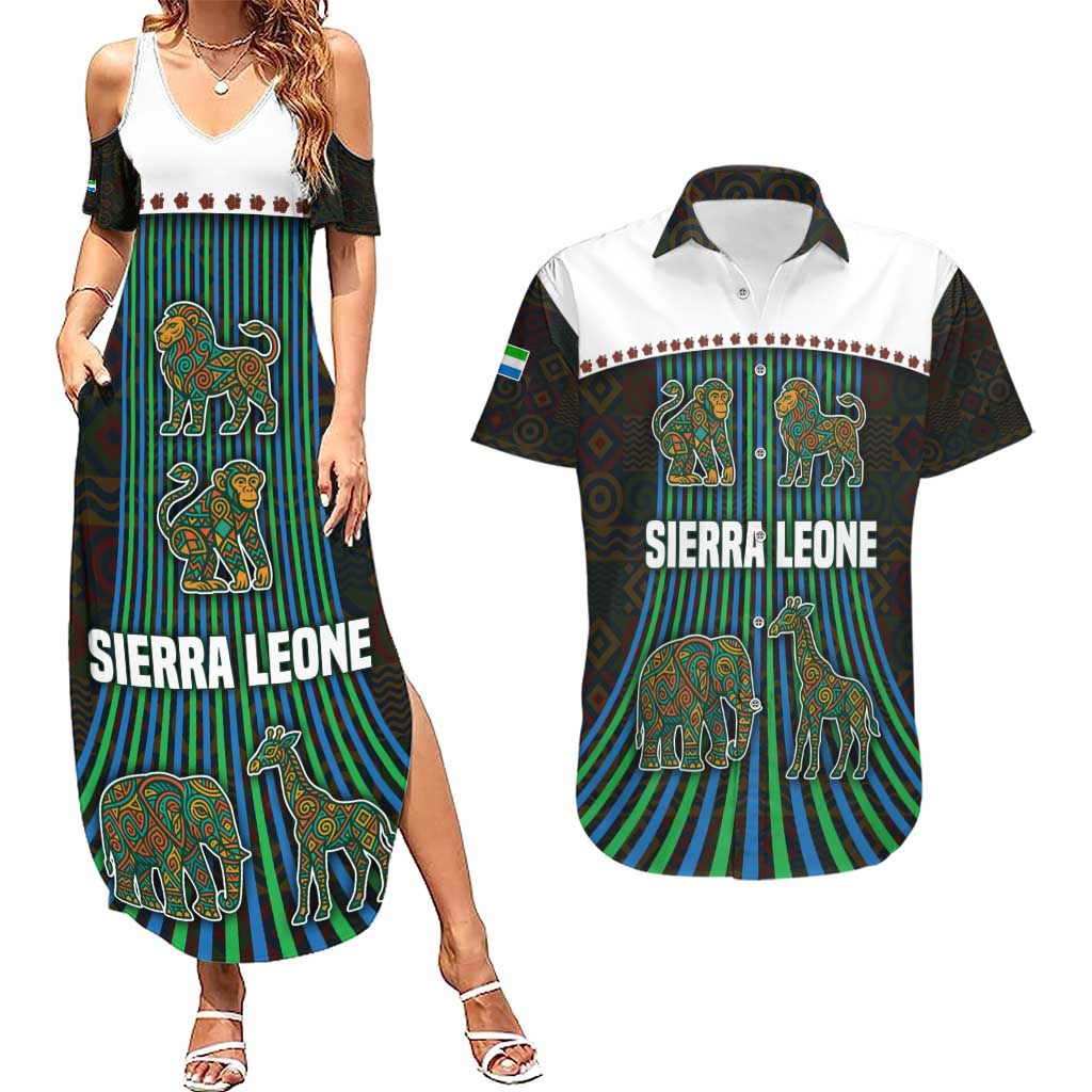 Sierra Leone Couples Matching Summer Maxi Dress and Hawaiian Shirt with Tribal Animal Pattern Featuring Lion Elephant Giraffe and Monkey