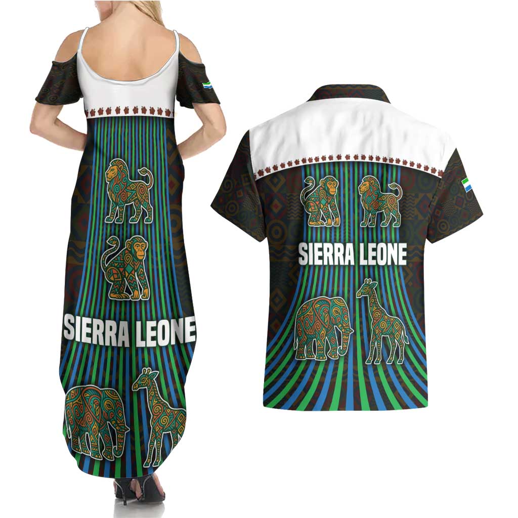 Sierra Leone Couples Matching Summer Maxi Dress and Hawaiian Shirt with Tribal Animal Pattern Featuring Lion Elephant Giraffe and Monkey