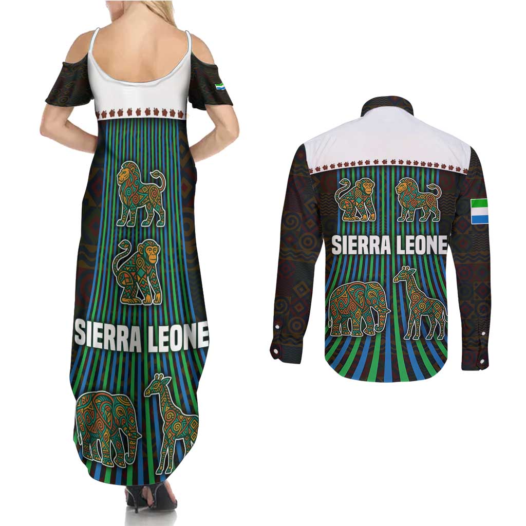 Sierra Leone Couples Matching Summer Maxi Dress and Long Sleeve Button Shirt with Tribal Animal Pattern Featuring Lion Elephant Giraffe and Monkey