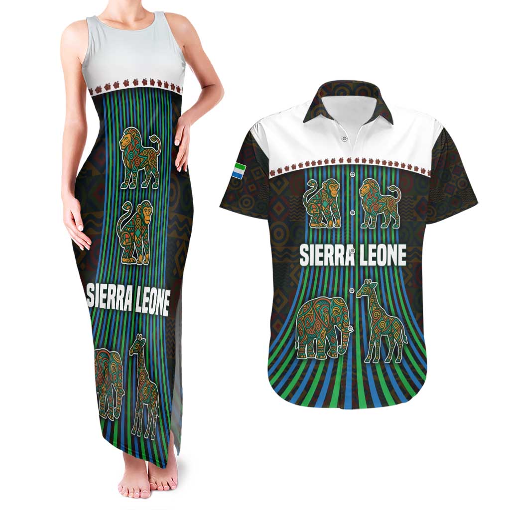 Sierra Leone Couples Matching Tank Maxi Dress and Hawaiian Shirt with Tribal Animal Pattern Featuring Lion Elephant Giraffe and Monkey