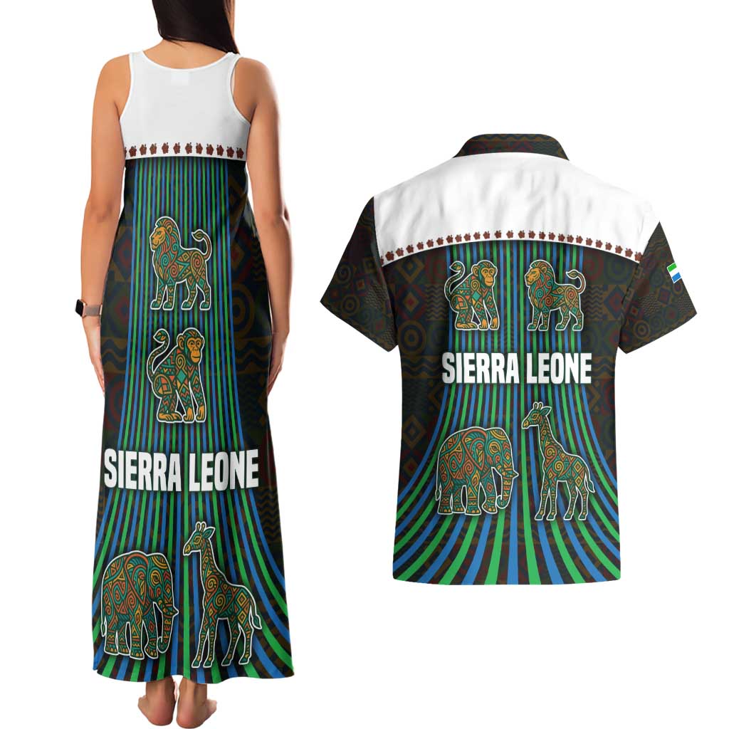 Sierra Leone Couples Matching Tank Maxi Dress and Hawaiian Shirt with Tribal Animal Pattern Featuring Lion Elephant Giraffe and Monkey