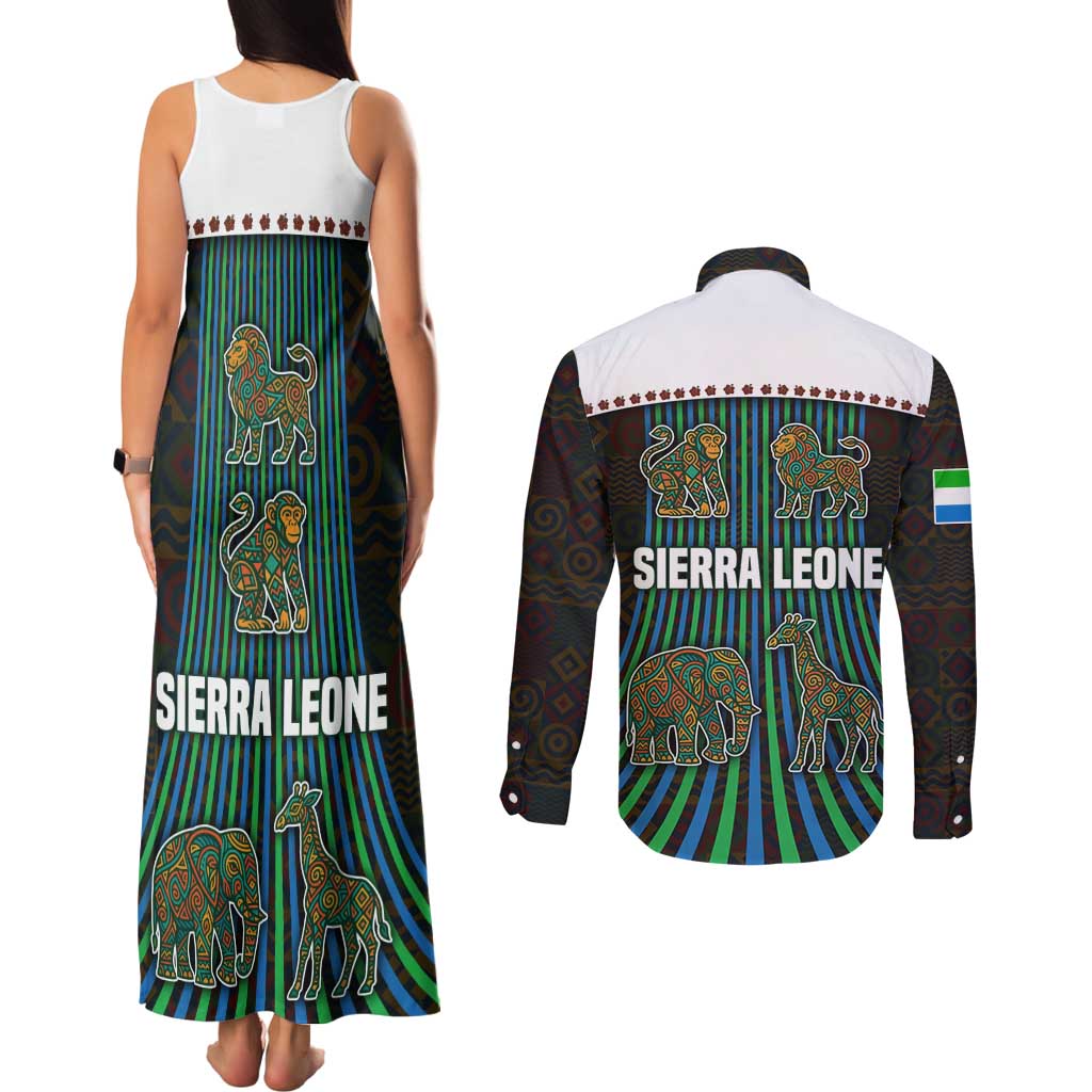Sierra Leone Couples Matching Tank Maxi Dress and Long Sleeve Button Shirt with Tribal Animal Pattern Featuring Lion Elephant Giraffe and Monkey