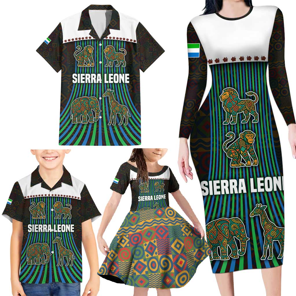 Sierra Leone Family Matching Long Sleeve Bodycon Dress and Hawaiian Shirt with Tribal Animal Pattern Featuring Lion Elephant Giraffe and Monkey
