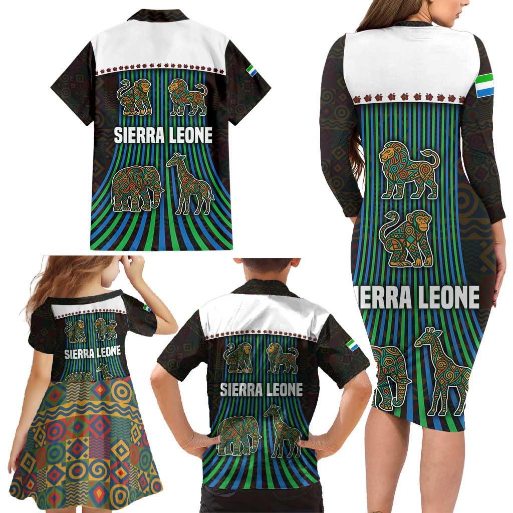 Sierra Leone Family Matching Long Sleeve Bodycon Dress and Hawaiian Shirt with Tribal Animal Pattern Featuring Lion Elephant Giraffe and Monkey
