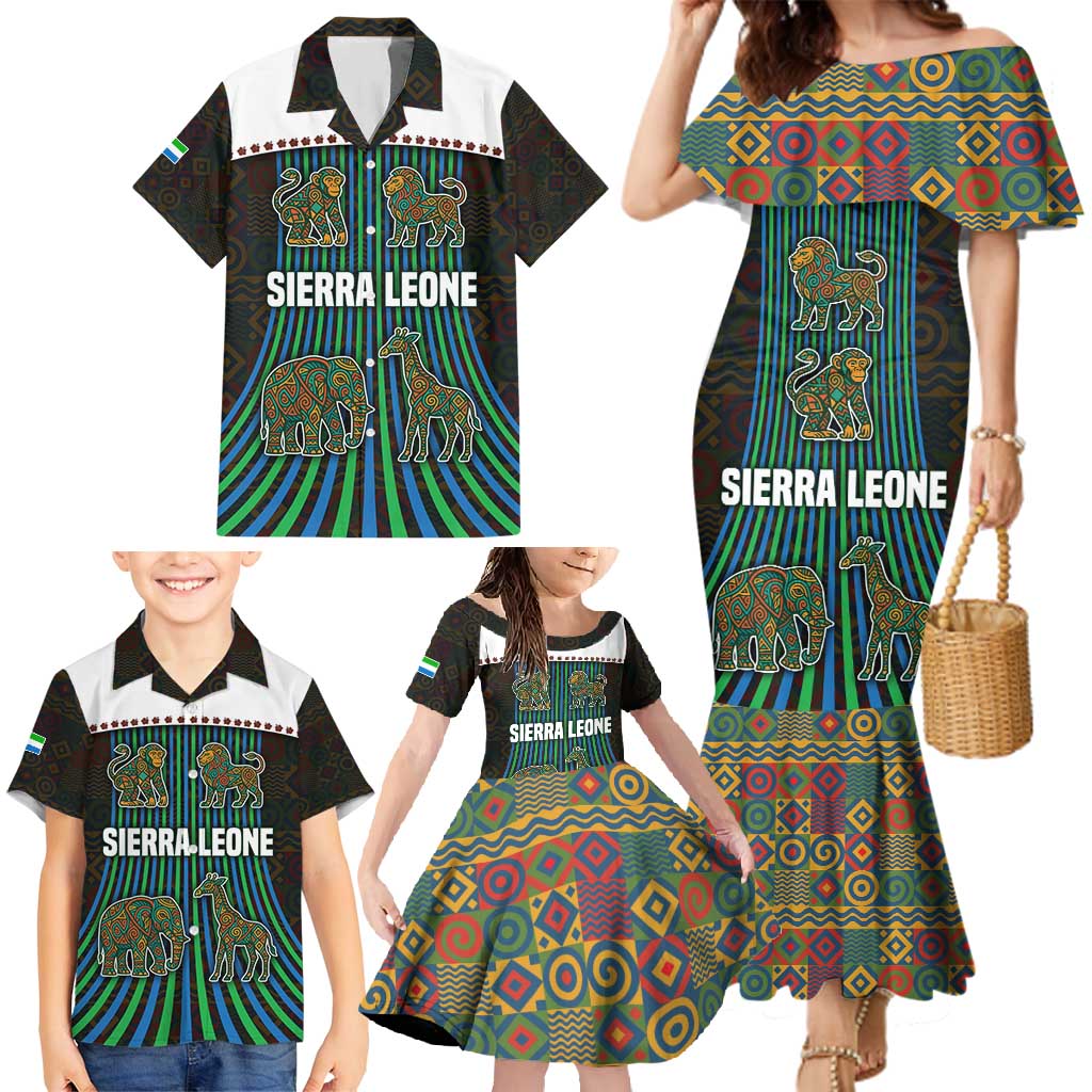 Sierra Leone Family Matching Mermaid Dress and Hawaiian Shirt with Tribal Animal Pattern Featuring Lion Elephant Giraffe and Monkey