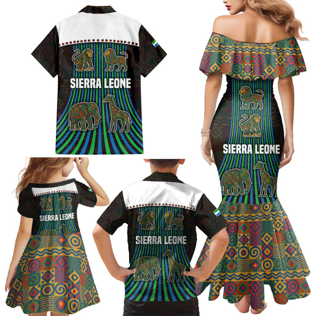 Sierra Leone Family Matching Mermaid Dress and Hawaiian Shirt with Tribal Animal Pattern Featuring Lion Elephant Giraffe and Monkey