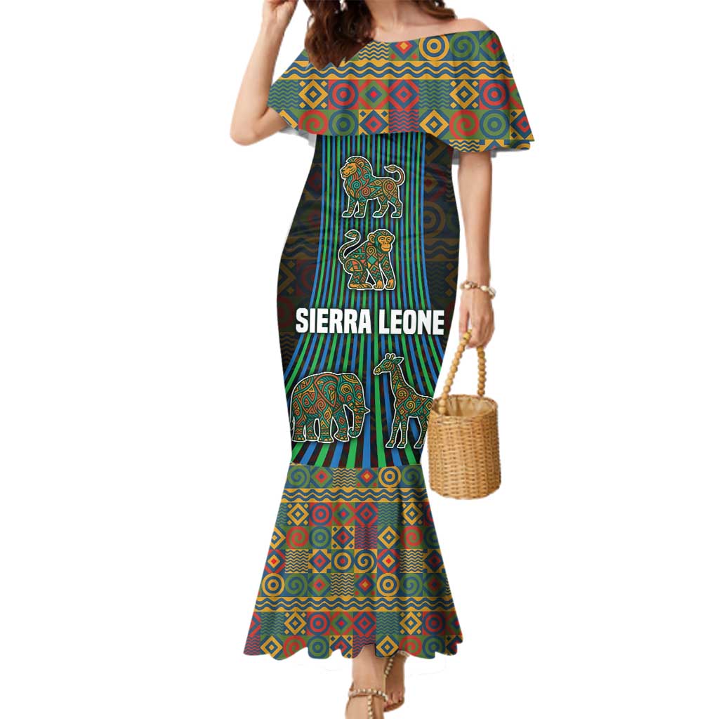 Sierra Leone Family Matching Mermaid Dress and Hawaiian Shirt with Tribal Animal Pattern Featuring Lion Elephant Giraffe and Monkey