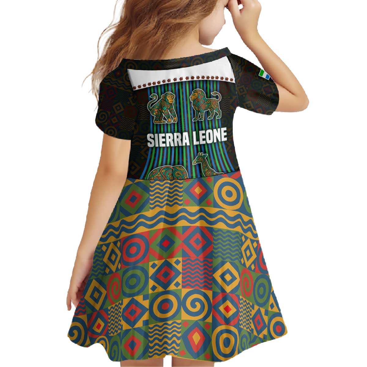 Sierra Leone Family Matching Off The Shoulder Long Sleeve Dress and Hawaiian Shirt with Tribal Animal Pattern Featuring Lion Elephant Giraffe and Monkey
