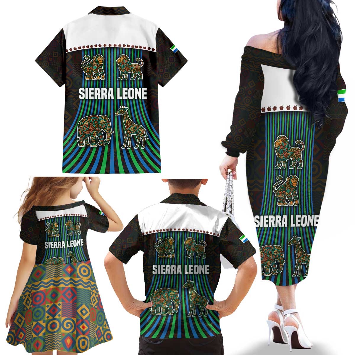 Sierra Leone Family Matching Off The Shoulder Long Sleeve Dress and Hawaiian Shirt with Tribal Animal Pattern Featuring Lion Elephant Giraffe and Monkey