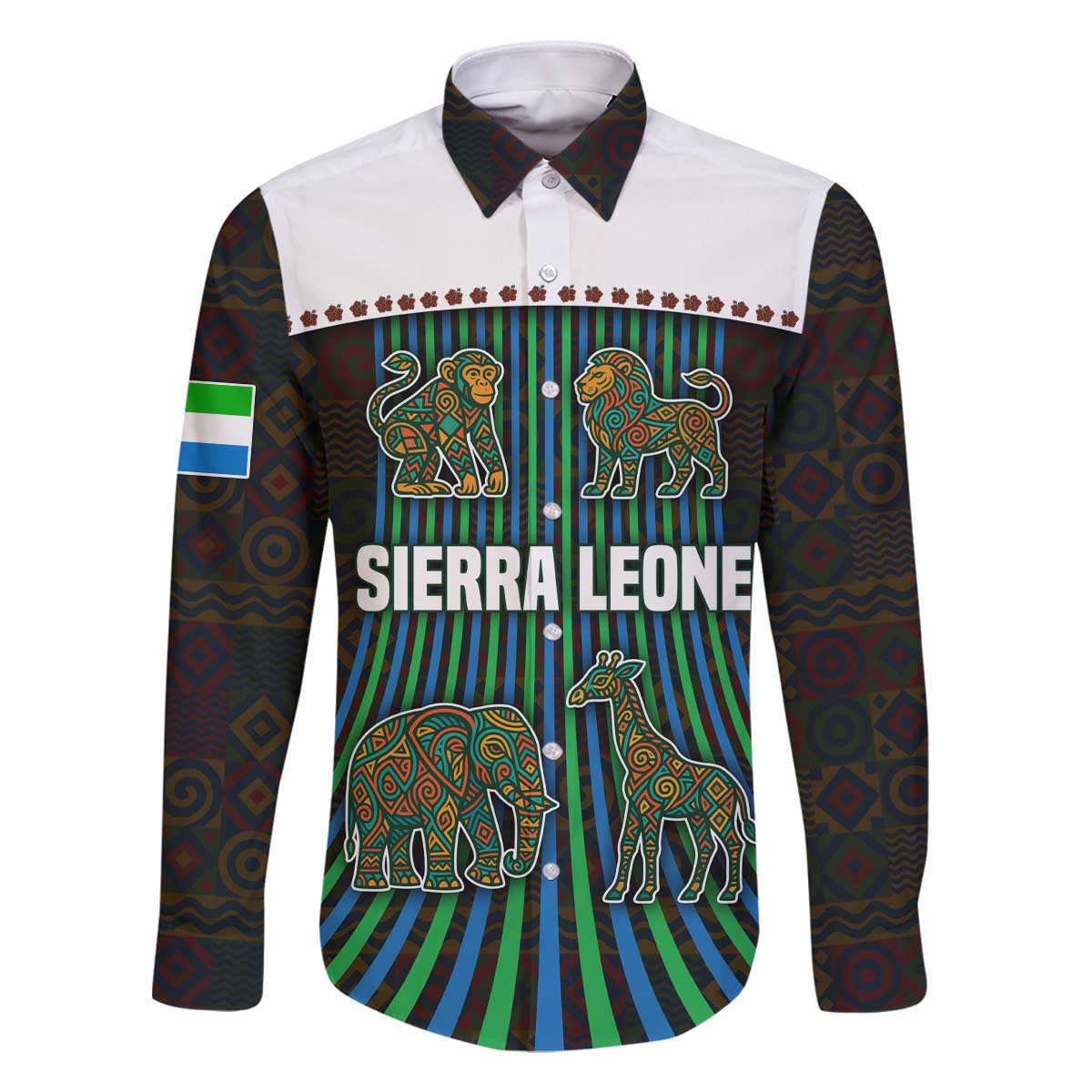 Sierra Leone Family Matching Off The Shoulder Long Sleeve Dress and Hawaiian Shirt with Tribal Animal Pattern Featuring Lion Elephant Giraffe and Monkey