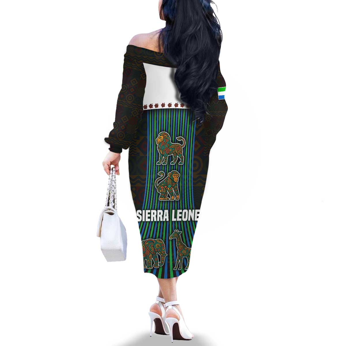 Sierra Leone Family Matching Off The Shoulder Long Sleeve Dress and Hawaiian Shirt with Tribal Animal Pattern Featuring Lion Elephant Giraffe and Monkey
