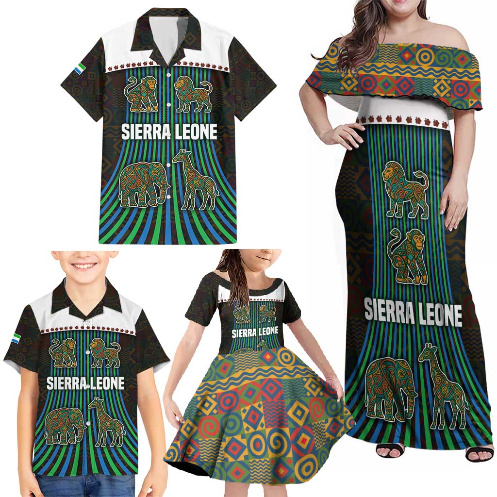 Sierra Leone Family Matching Off Shoulder Maxi Dress and Hawaiian Shirt with Tribal Animal Pattern Featuring Lion Elephant Giraffe and Monkey