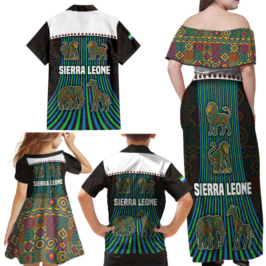 Sierra Leone Family Matching Off Shoulder Maxi Dress and Hawaiian Shirt with Tribal Animal Pattern Featuring Lion Elephant Giraffe and Monkey