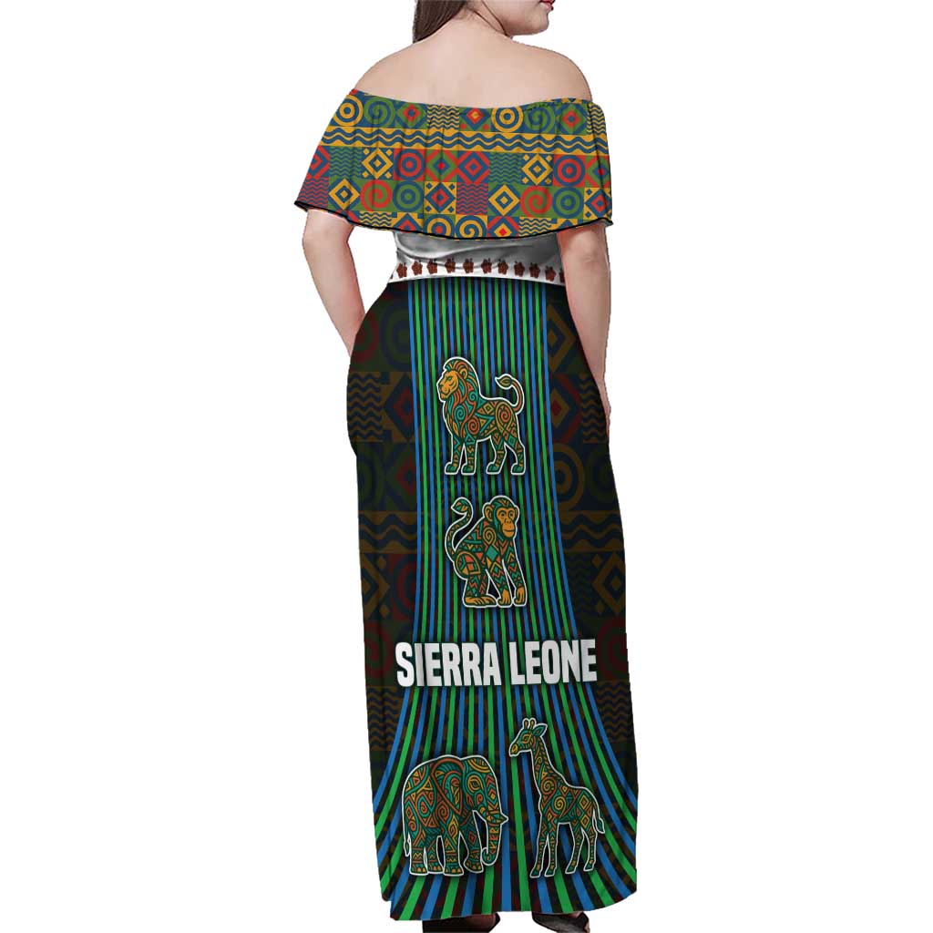 Sierra Leone Family Matching Off Shoulder Maxi Dress and Hawaiian Shirt with Tribal Animal Pattern Featuring Lion Elephant Giraffe and Monkey