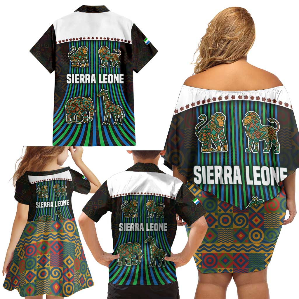 Sierra Leone Family Matching Off Shoulder Short Dress and Hawaiian Shirt with Tribal Animal Pattern Featuring Lion Elephant Giraffe and Monkey