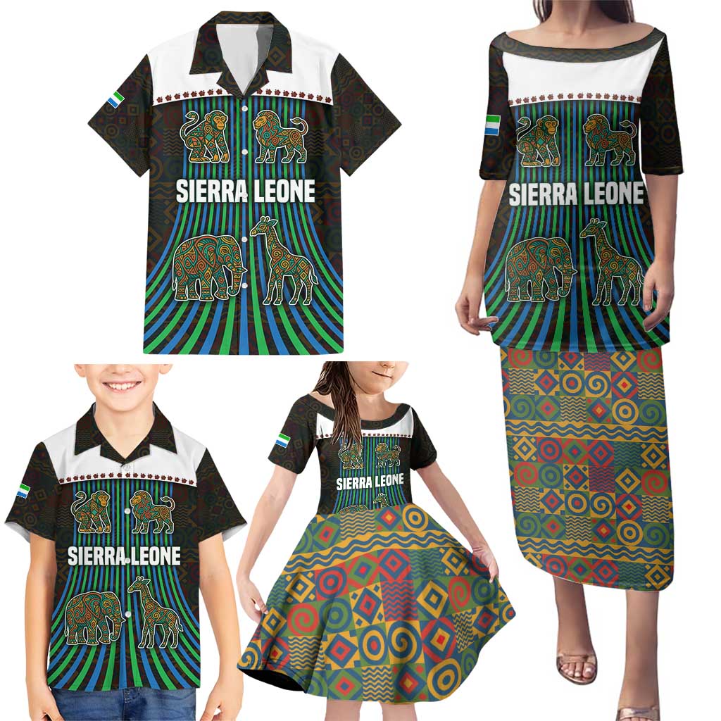 Sierra Leone Family Matching Puletasi and Hawaiian Shirt with Tribal Animal Pattern Featuring Lion Elephant Giraffe and Monkey
