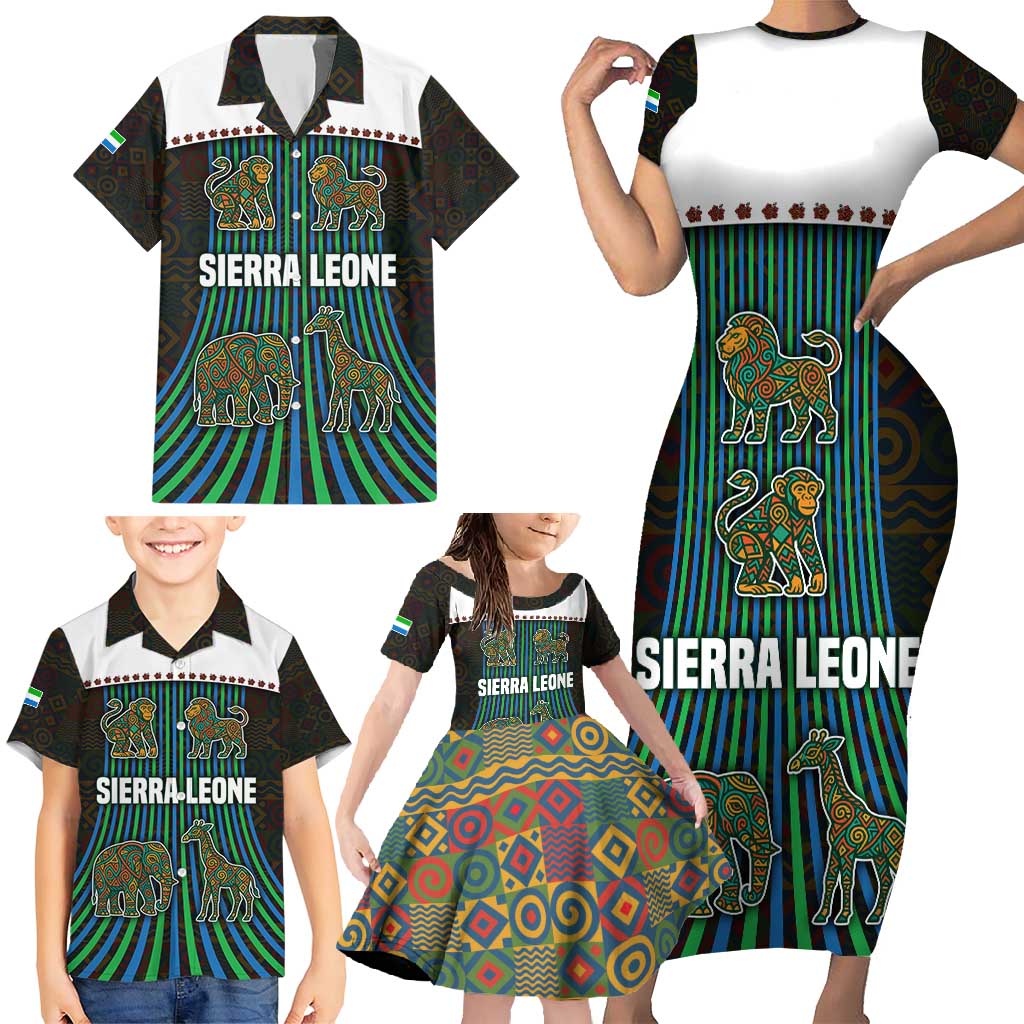 Sierra Leone Family Matching Short Sleeve Bodycon Dress and Hawaiian Shirt with Tribal Animal Pattern Featuring Lion Elephant Giraffe and Monkey