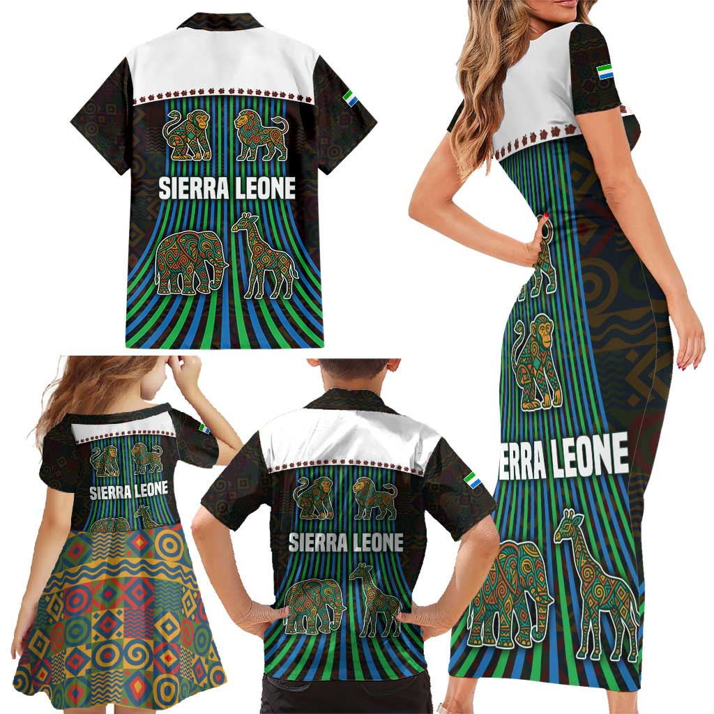 Sierra Leone Family Matching Short Sleeve Bodycon Dress and Hawaiian Shirt with Tribal Animal Pattern Featuring Lion Elephant Giraffe and Monkey