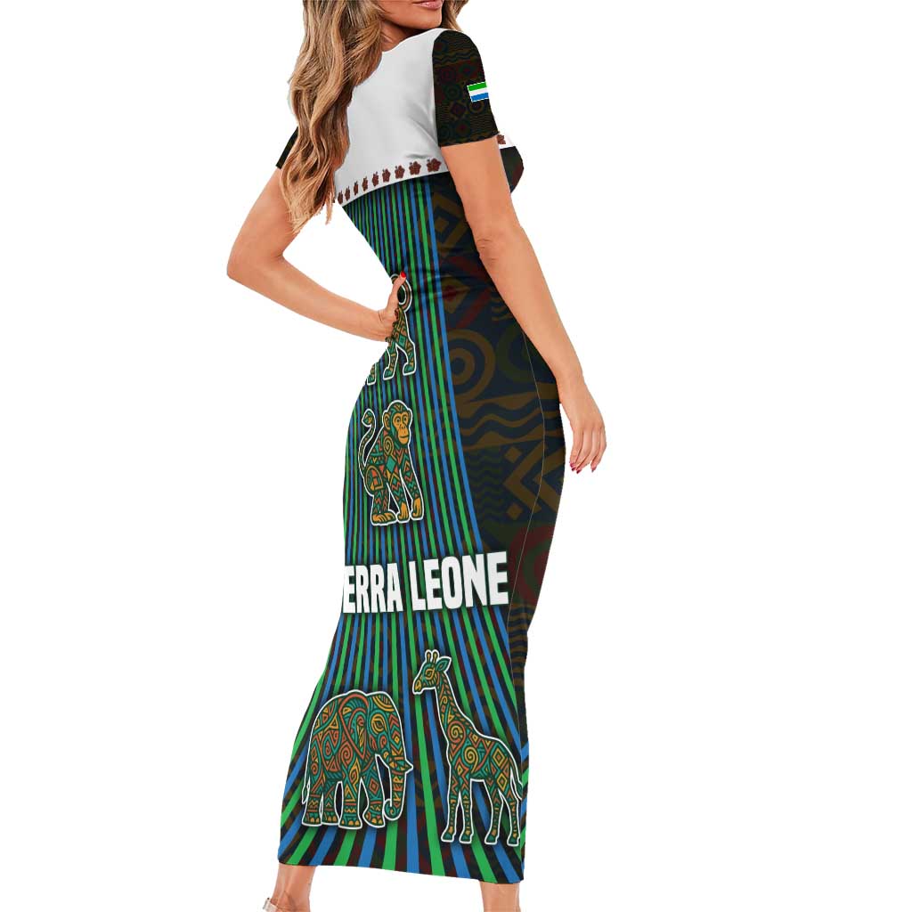 Sierra Leone Family Matching Short Sleeve Bodycon Dress and Hawaiian Shirt with Tribal Animal Pattern Featuring Lion Elephant Giraffe and Monkey
