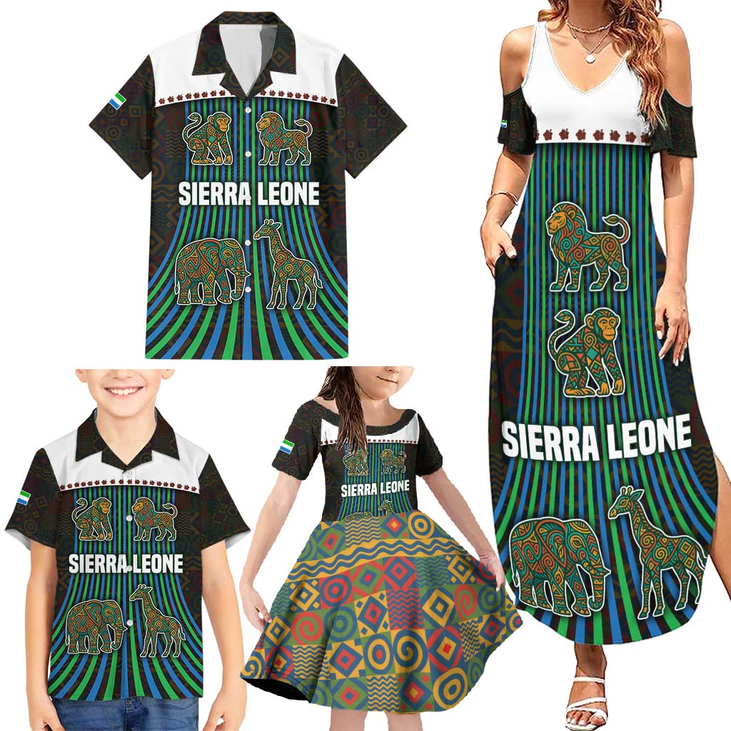 Sierra Leone Family Matching Summer Maxi Dress and Hawaiian Shirt with Tribal Animal Pattern Featuring Lion Elephant Giraffe and Monkey