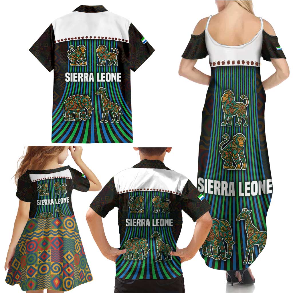 Sierra Leone Family Matching Summer Maxi Dress and Hawaiian Shirt with Tribal Animal Pattern Featuring Lion Elephant Giraffe and Monkey