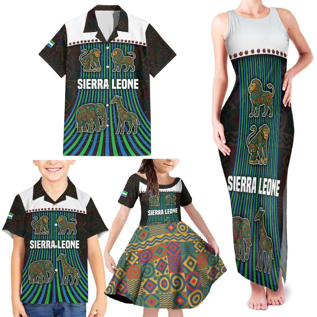 Sierra Leone Family Matching Tank Maxi Dress and Hawaiian Shirt with Tribal Animal Pattern Featuring Lion Elephant Giraffe and Monkey