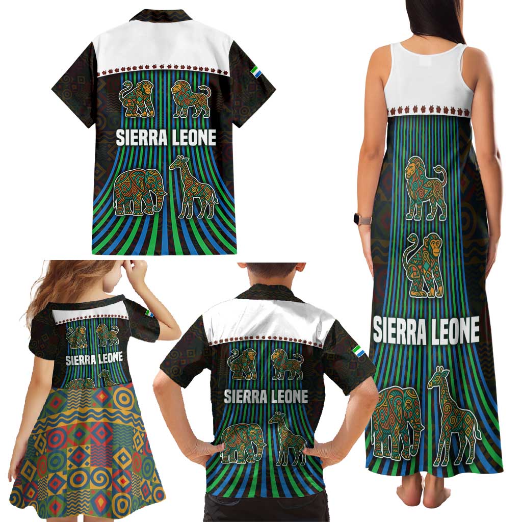 Sierra Leone Family Matching Tank Maxi Dress and Hawaiian Shirt with Tribal Animal Pattern Featuring Lion Elephant Giraffe and Monkey
