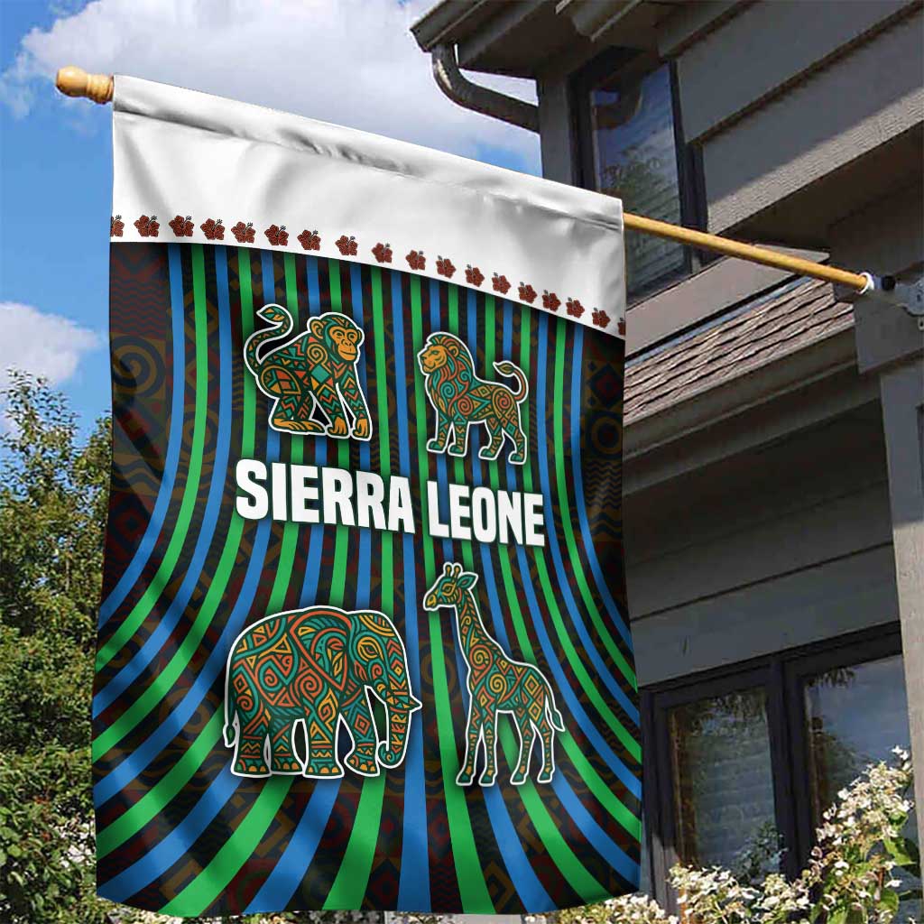 Sierra Leone Garden Flag with Tribal Animal Pattern Featuring Lion Elephant Giraffe and Monkey