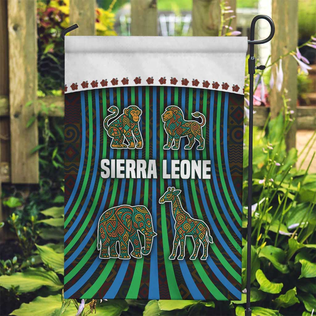 Sierra Leone Garden Flag with Tribal Animal Pattern Featuring Lion Elephant Giraffe and Monkey