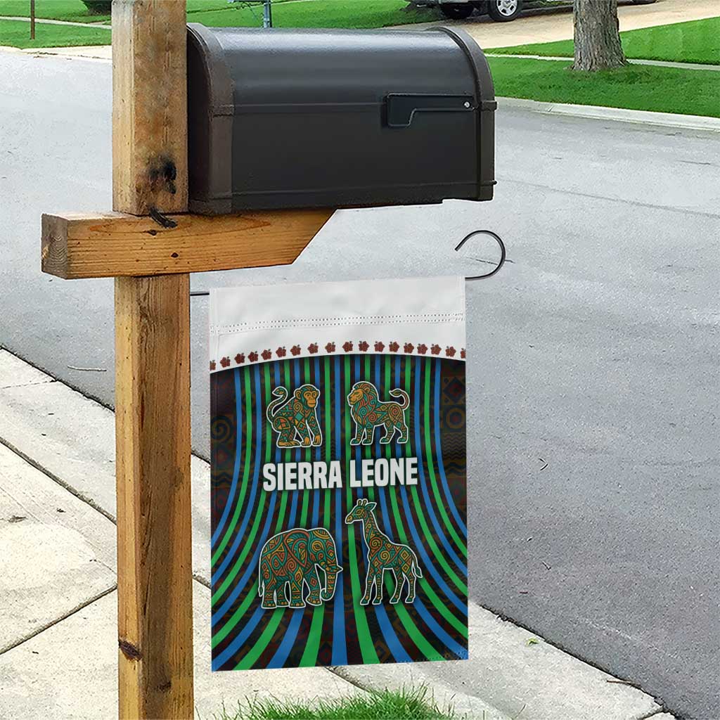 Sierra Leone Garden Flag with Tribal Animal Pattern Featuring Lion Elephant Giraffe and Monkey