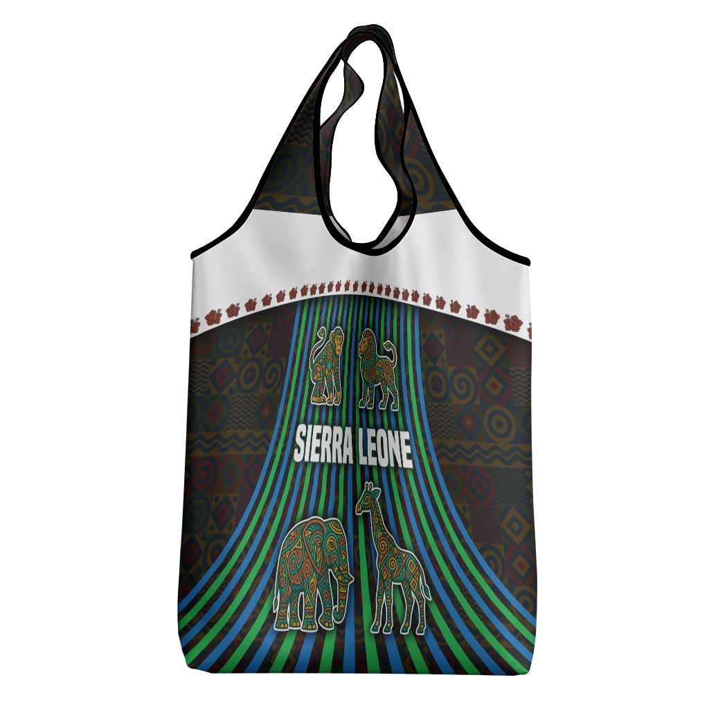 Sierra Leone Grocery Bag with Tribal Animal Pattern Featuring Lion Elephant Giraffe and Monkey