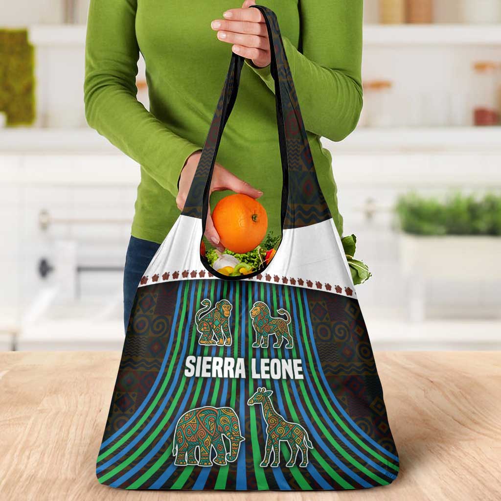 Sierra Leone Grocery Bag with Tribal Animal Pattern Featuring Lion Elephant Giraffe and Monkey