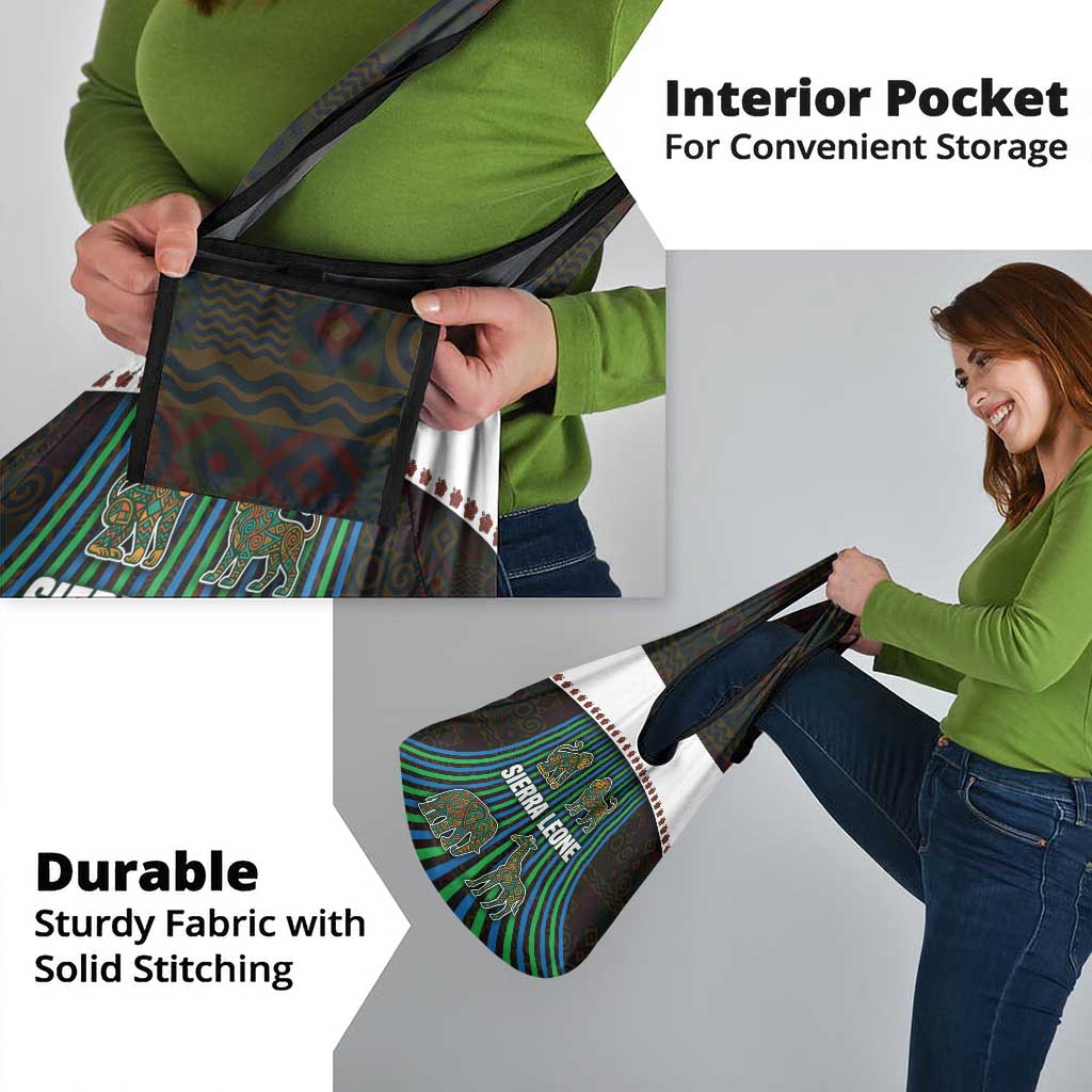 Sierra Leone Grocery Bag with Tribal Animal Pattern Featuring Lion Elephant Giraffe and Monkey