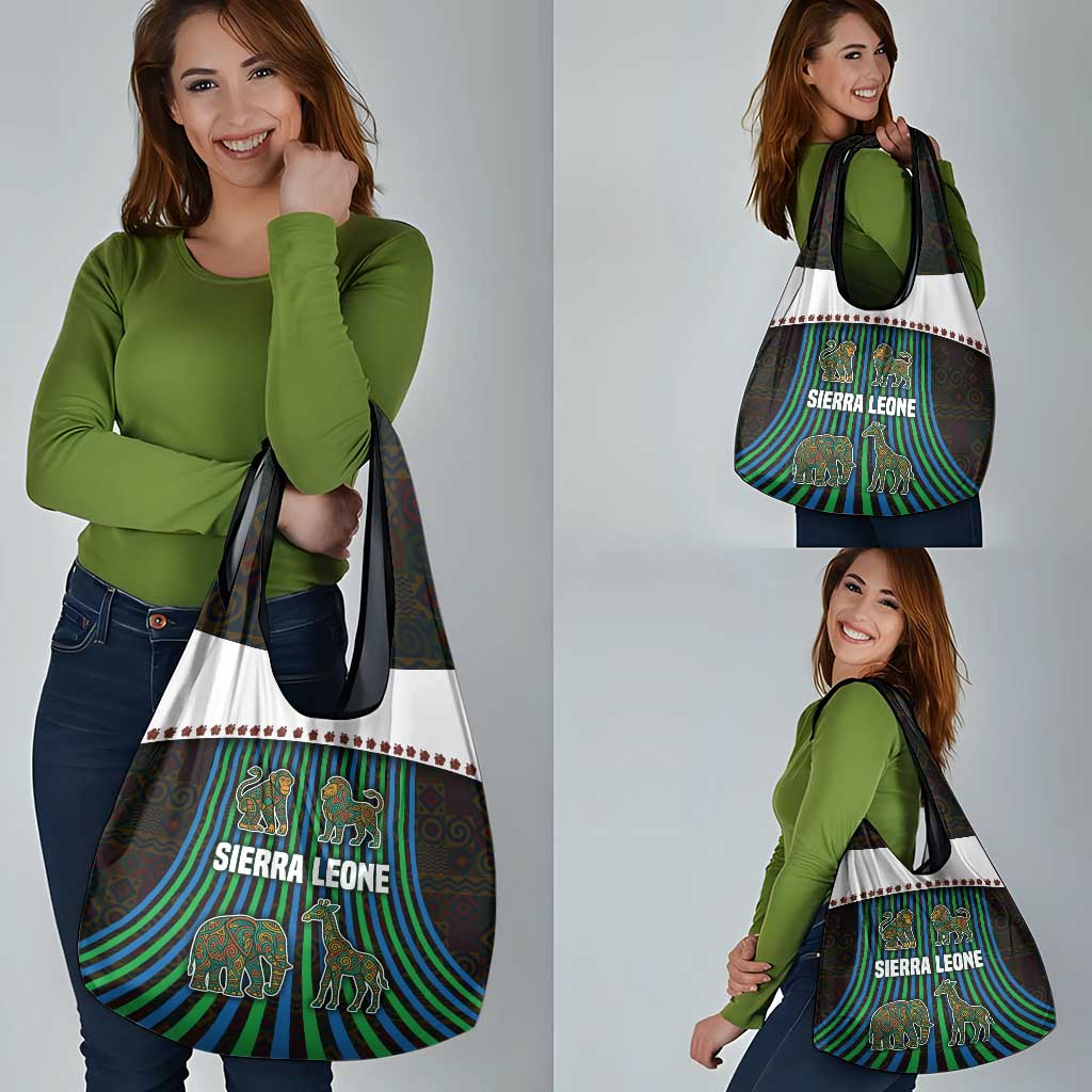 Sierra Leone Grocery Bag with Tribal Animal Pattern Featuring Lion Elephant Giraffe and Monkey