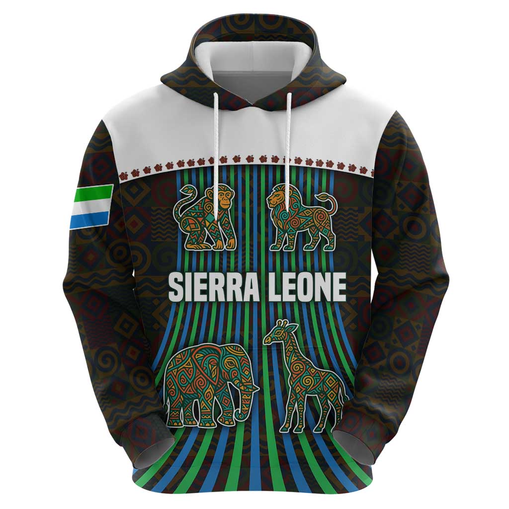 Sierra Leone Hoodie with Tribal Animal Pattern Featuring Lion Elephant Giraffe and Monkey