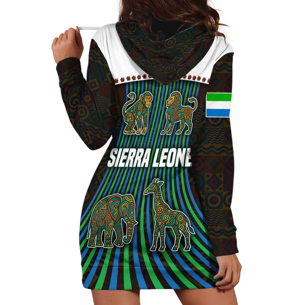 Sierra Leone Hoodie Dress with Tribal Animal Pattern Featuring Lion Elephant Giraffe and Monkey