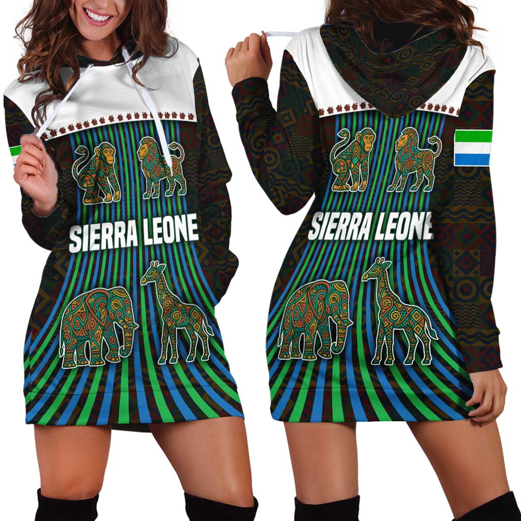 Sierra Leone Hoodie Dress with Tribal Animal Pattern Featuring Lion Elephant Giraffe and Monkey